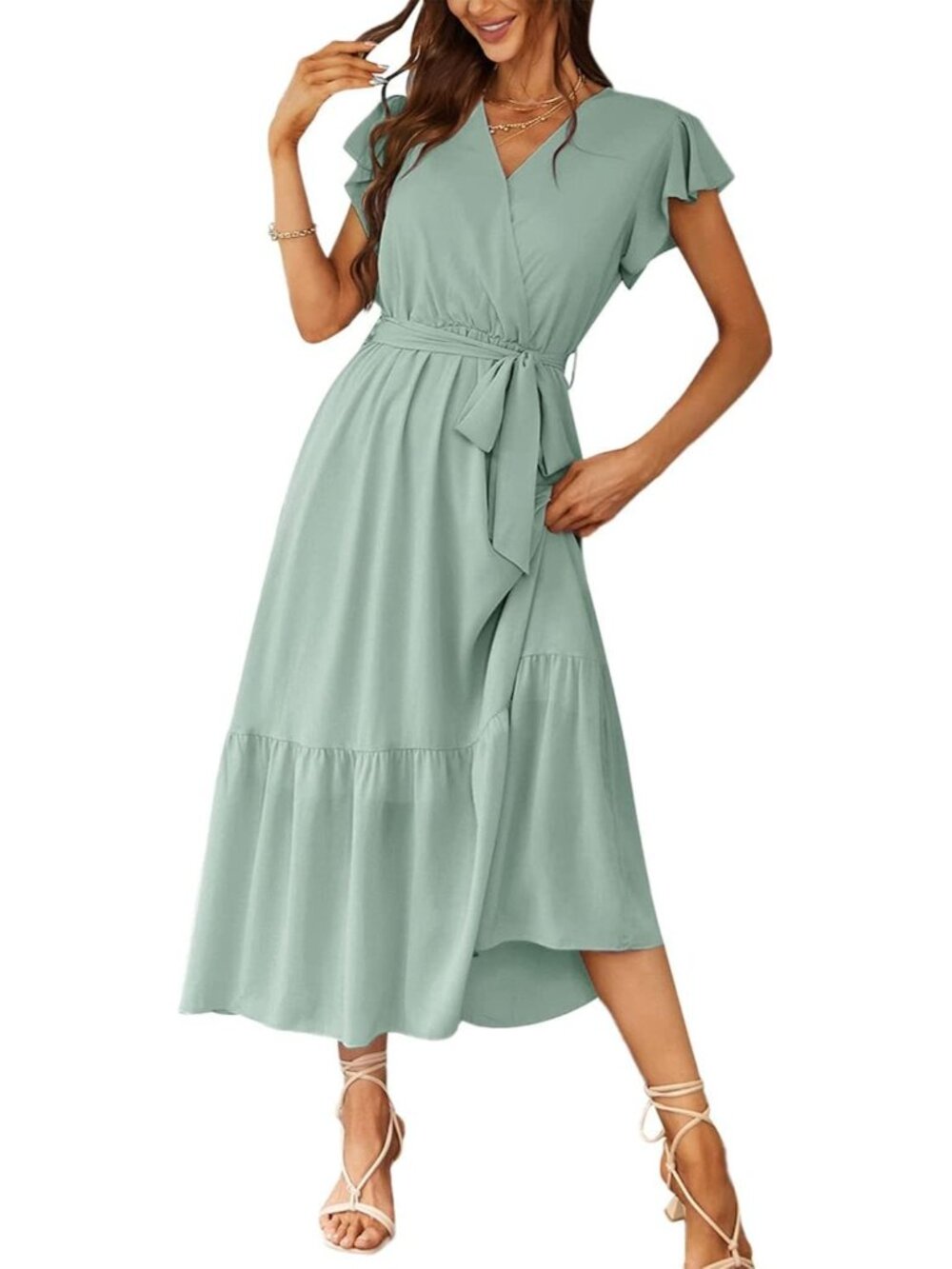 Women's Green Summer Short Sleeve Wrap V Neck Floral Boho Guest Maxi Dresses